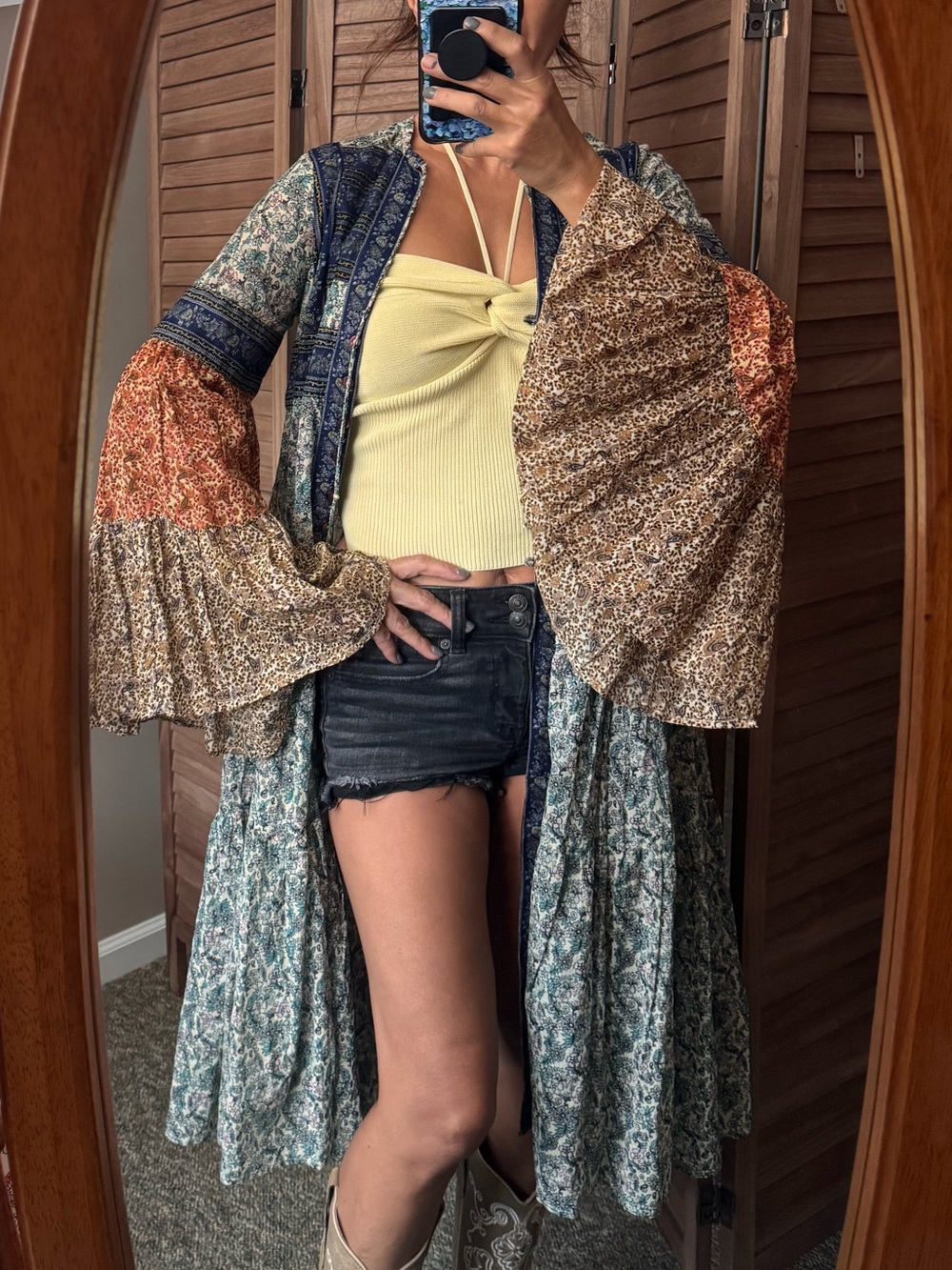 Free People Multi-Print Boho Bell-Sleeve Duster - Yellow, Blue, Rust